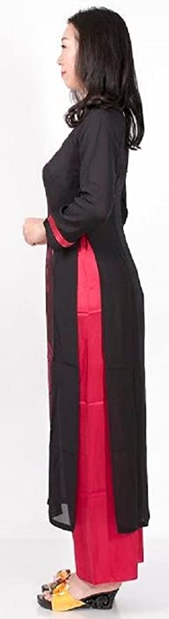 アオザイ ベトナム 民族 衣装 襟付き 長袖 レディース 黒 パーティー