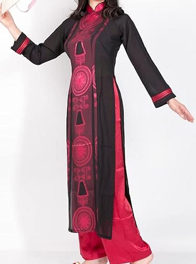 アオザイ ベトナム 民族 衣装 襟付き 長袖 レディース 黒 パーティードレス